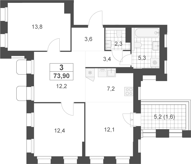 Планировка: Евротрёшка 72,6 м² в ЖК «Деснаречье»