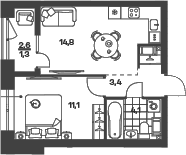 Планировка: 1-комнатная квартира 33,4 м² в ЖК «Новый Питер»