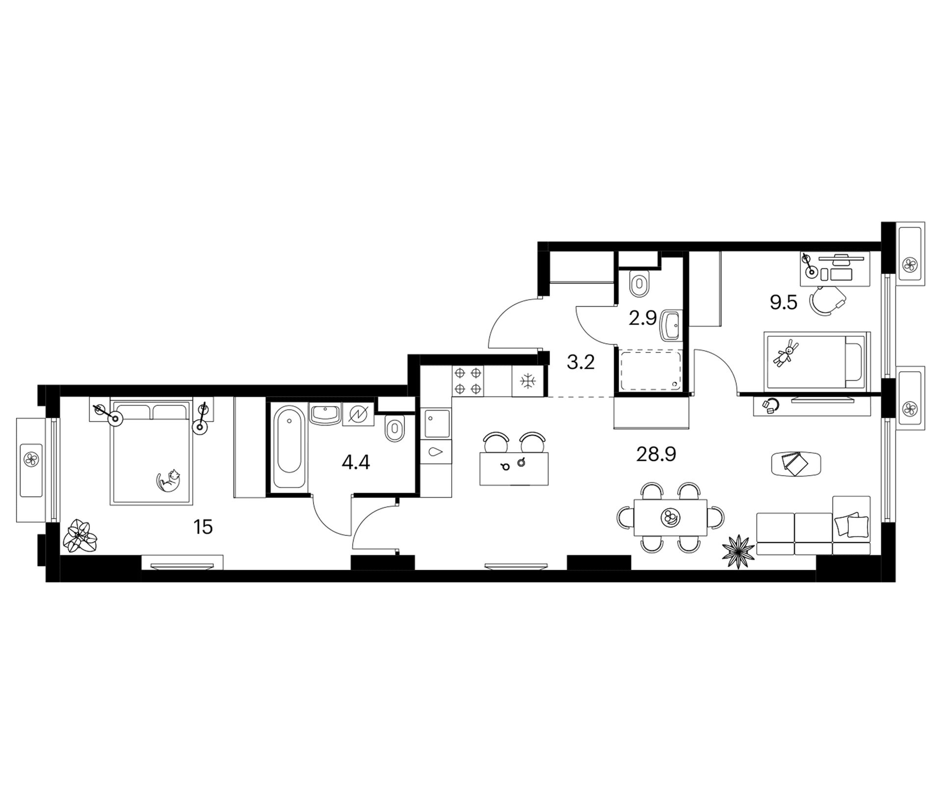 Планировка: 2-комнатная квартира 63,9 м² в ЖК «Белая Дача парк»