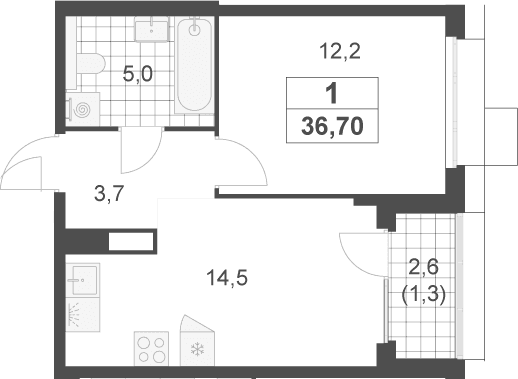 Планировка: 1-комнатная квартира 35,4 м² в ЖК «Скандинавия»