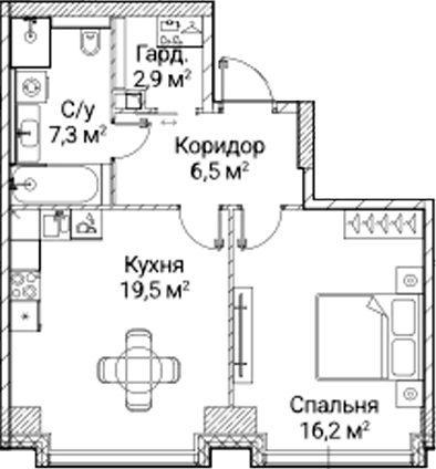 Планировка: 1-комнатная квартира 52,4 м² в ЖК «СЕЗАР БУДУЩЕЕ»