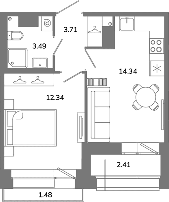 Планировка: 1-комнатная квартира 33,9 м² в ЖК «Твой Космос»