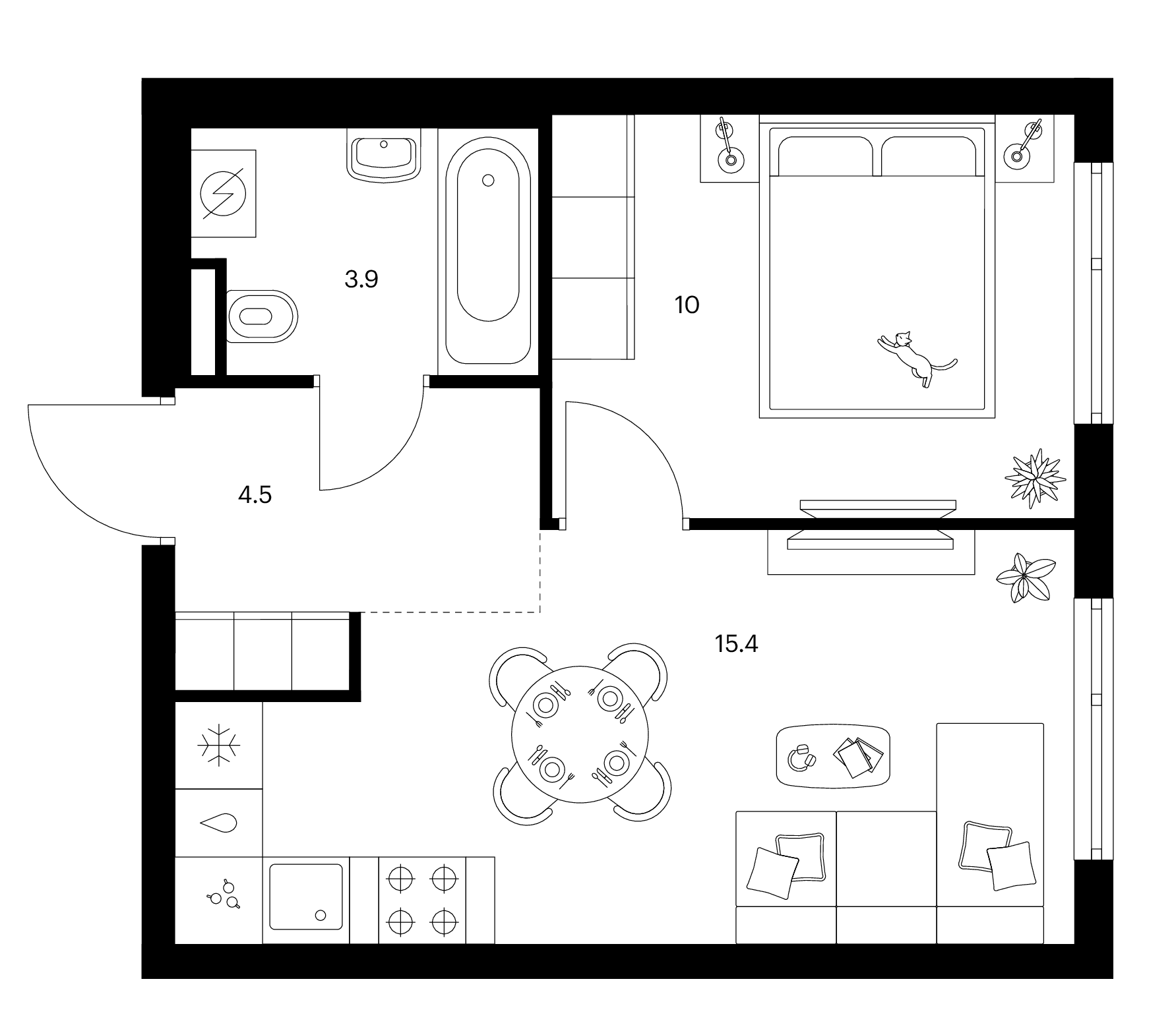 Планировка: 1-комнатная квартира 33,8 м² в ЖК «Белая Дача парк»