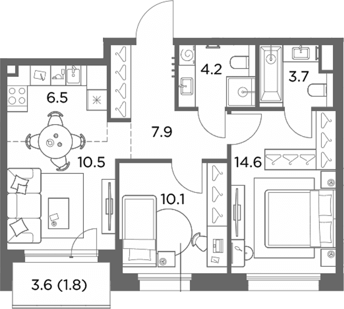 Планировка: Евротрёшка 57,5 м² в ЖК «Станиславский»