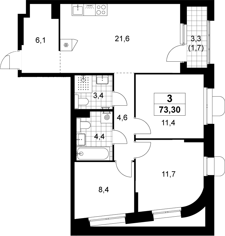 Планировка: Квартира евро-4 71,6 м² в ЖК «Прокшино»