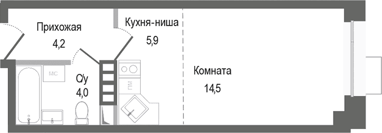 Планировка: Студия 28,6 м² в ЖК «Киноквартал»