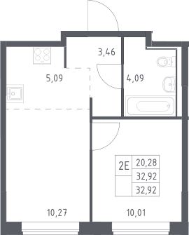 Планировка: Евродвушка 32,9 м² в ЖК «Прибрежный Парк»