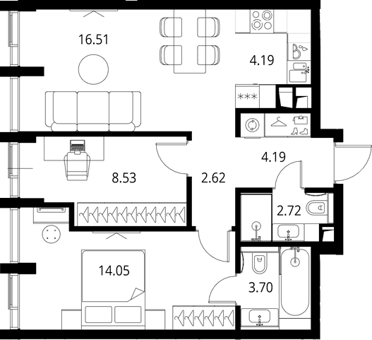 Планировка: Евротрёшка 56,5 м² в ЖК «Сити Бэй»