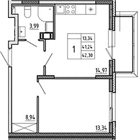 Планировка: 1-комнатная квартира 41,2 м² в ЖК «Аннино Сити»