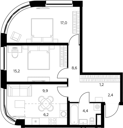 Планировка: Евротрёшка 64,8 м² в ЖК «Адмирал»