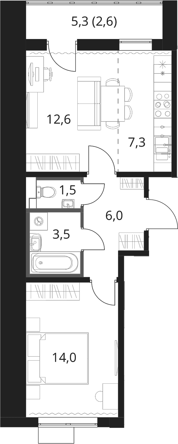 Планировка: 1-комнатная квартира 44,9 м² в ЖК «1-й Шереметьевский»