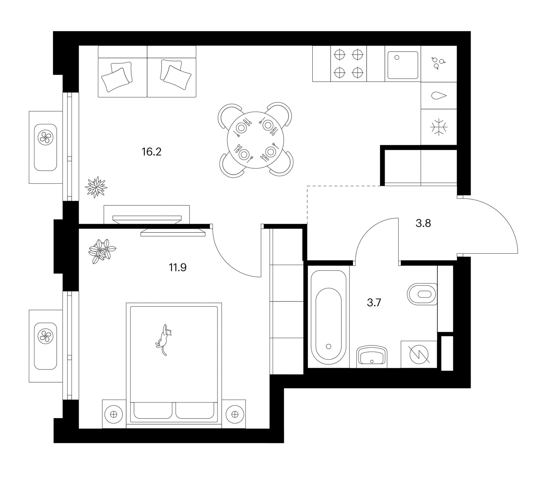 Планировка: 1-комнатная квартира 35,6 м² в ЖК «Белая Дача парк»
