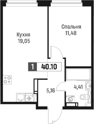 Планировка: Евродвушка 40,1 м² в ЖК «Максималист»