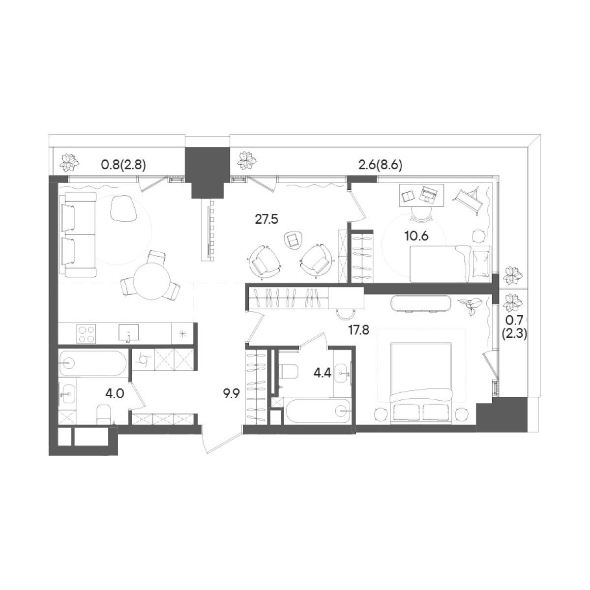 Планировка: Евротрёшка 74,2 м² в ЖК «СТОУН Грэйн»