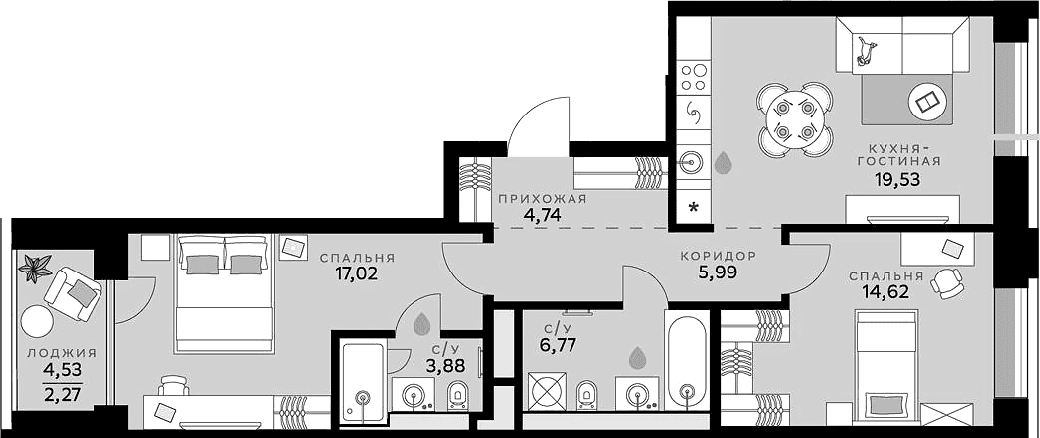 Планировка: Евротрёшка 72,6 м² в ЖК «СберСити»