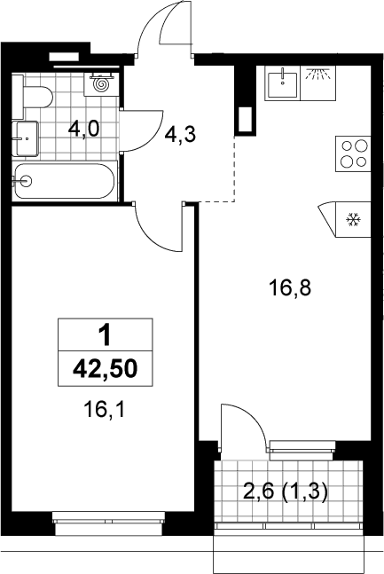 Планировка: Евродвушка 41,2 м² в ЖК «Деснаречье»