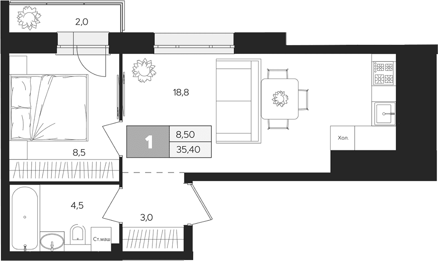 Планировка: 1-комнатная квартира 34,8 м² в ЖК «Ласточкино»