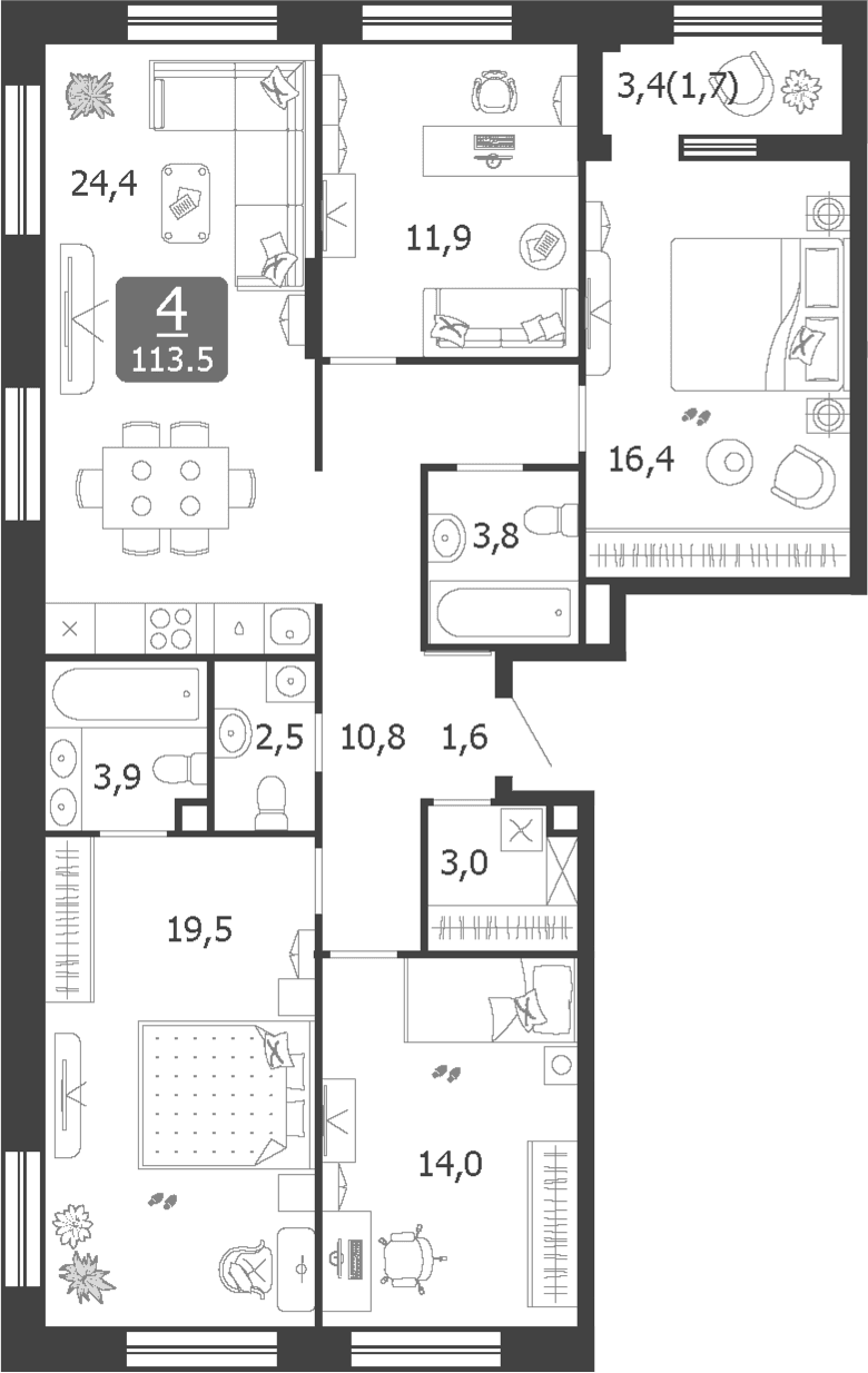 Планировка: Квартира евро-5 111,8 м² в ЖК «Шагал»