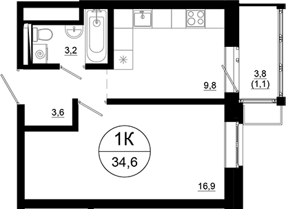 Планировка: 1-комнатная квартира 33,5 м² в ЖК «Союзный»