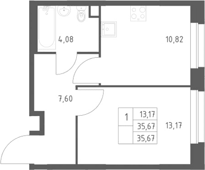 Планировка: 1-комнатная квартира 35,7 м² в ЖК «ЭкоБунино»