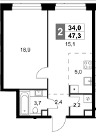 Планировка: Евродвушка 47,3 м² в ЖК «Амбер Сити»