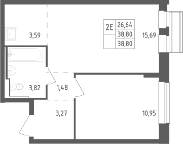 Планировка: Евродвушка 38,8 м² в ЖК «Рублевский квартал»
