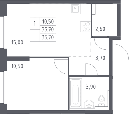 Планировка: Евродвушка 35,7 м² в ЖК «Химки Парк»