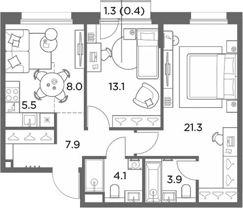 Планировка: Евротрёшка 63,8 м² в ЖК «Станиславский»