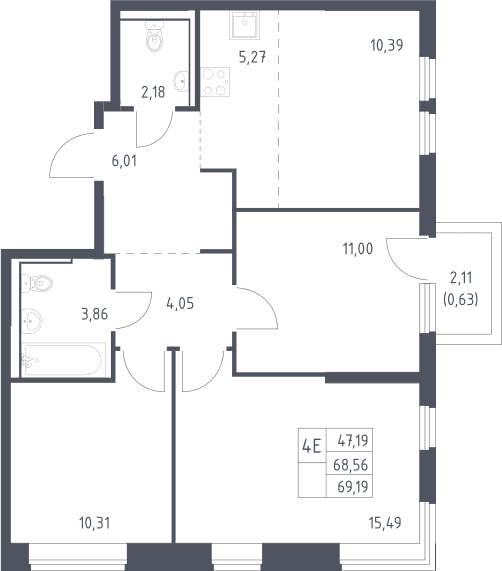 Планировка: Квартира евро-4 68,6 м² в ЖК «Пригород Лесное»