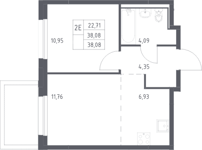 Планировка: Евродвушка 38,1 м² в ЖК «Прибрежный Парк»