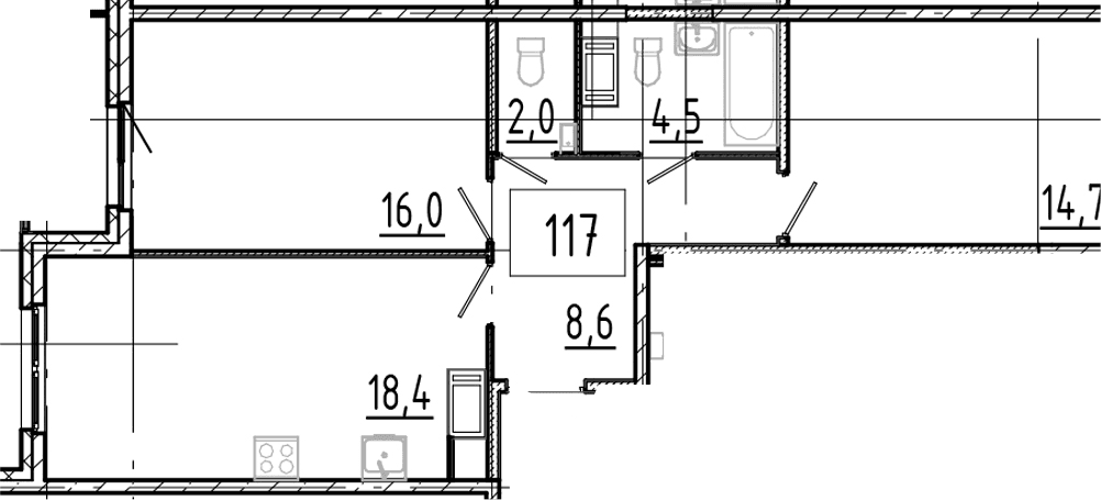 Планировка: Евротрёшка 64,2 м² в ЖК «Клюква.Парк»