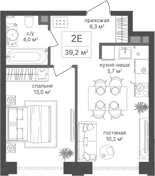 Планировка: Евродвушка 39,2 м² в ЖК «Михалковский»