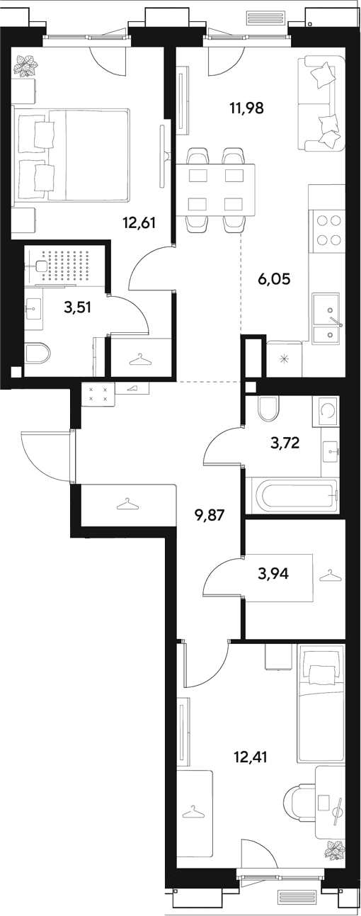 Планировка: Евротрёшка 64,1 м² в ЖК «ЭВО»
