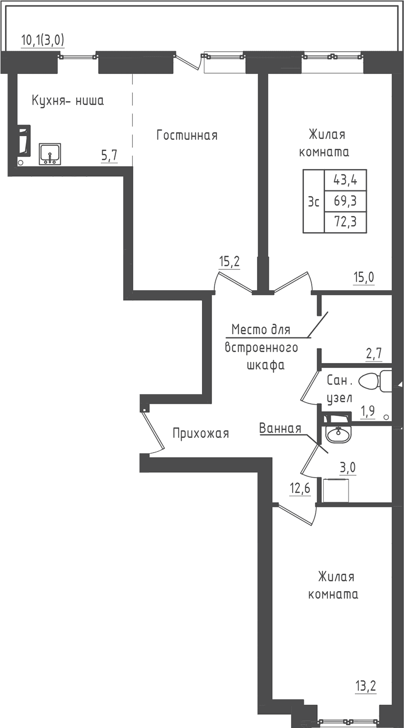 Планировка: 2-комнатная квартира 69,3 м² в ЖК «Зеленый город»