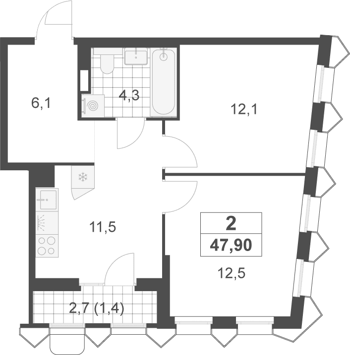 Планировка: 2-комнатная квартира 46,5 м² в ЖК «Деснаречье»
