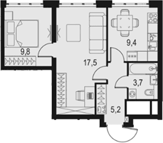 Планировка: 2-комнатная квартира 45,6 м² в ЖК «Левел Южнопортовая»