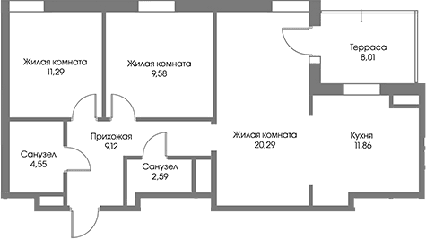 Планировка: 3-комнатная квартира 69,3 м² в ЖК «Рощино Резиденс»