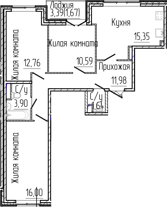 Планировка: Квартира евро-4 72,2 м² в ЖК «Сертолово Парк»