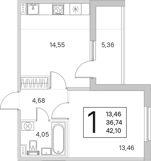 Планировка: 1-комнатная квартира 36,7 м² в ЖК «Любоград в Стрельне»