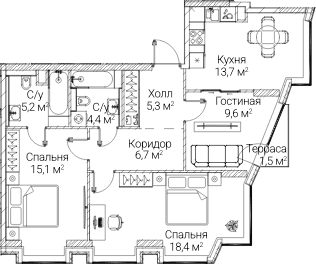 Планировка: 3-комнатная квартира 76,6 м² в ЖК «СЕЗАР БУДУЩЕЕ»