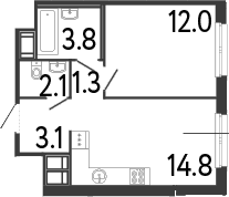 Планировка: Евродвушка 37,1 м² в ЖК «Передвижники»