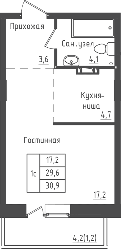 Планировка: Студия 29,6 м² в ЖК «Зеленый город»