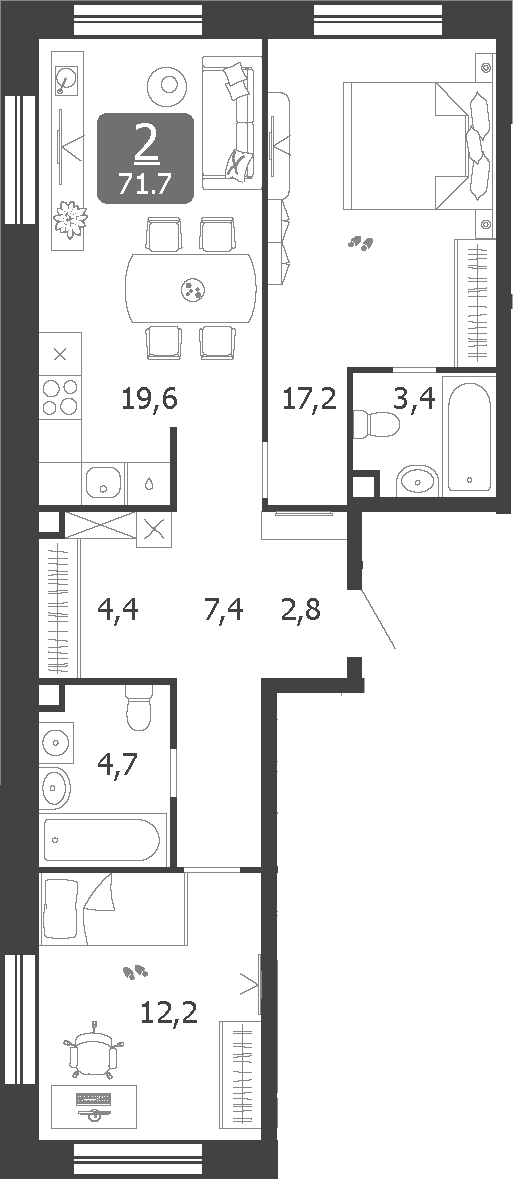 Планировка: Евротрёшка 71,7 м² в ЖК «Шагал»