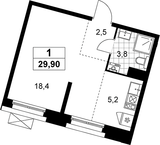 Планировка: Студия 29,9 м² в ЖК «Прокшино»