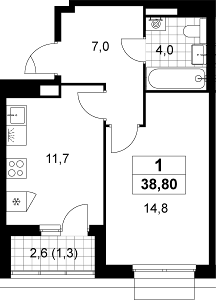 Планировка: 1-комнатная квартира 37,5 м² в ЖК «Деснаречье»