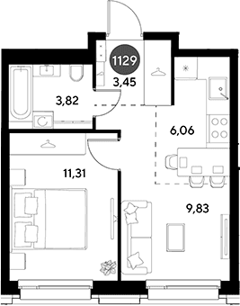Планировка: Евродвушка 34,5 м² в ЖК «ЭВО»