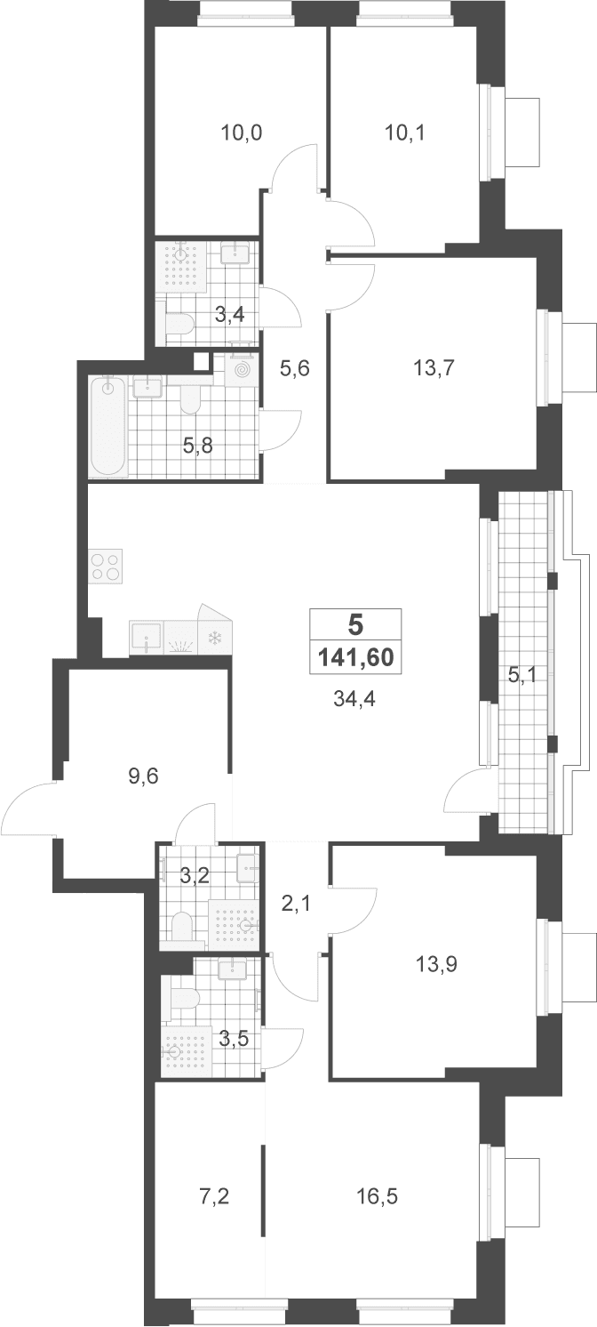 Планировка: 5-комнатная квартира 139 м² в ЖК «Деснаречье»