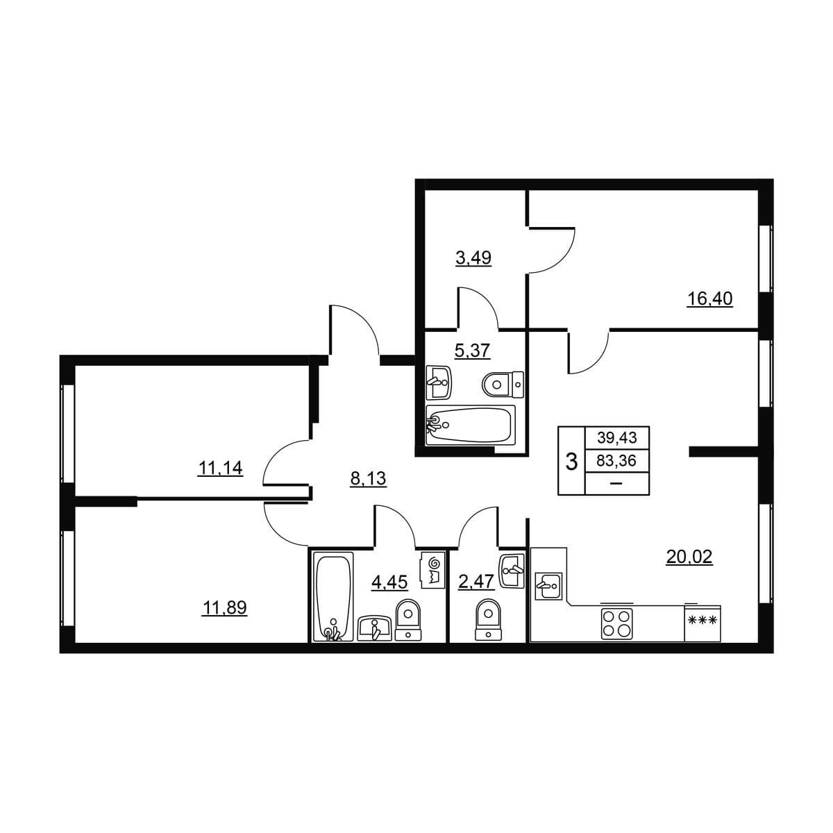 Планировка: Квартира евро-4 83,4 м² в ЖК «Высота. Новодевяткино»