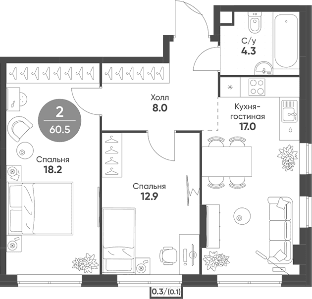 Планировка: Евротрёшка 60,4 м² в ЖК «Соколинн Парк»