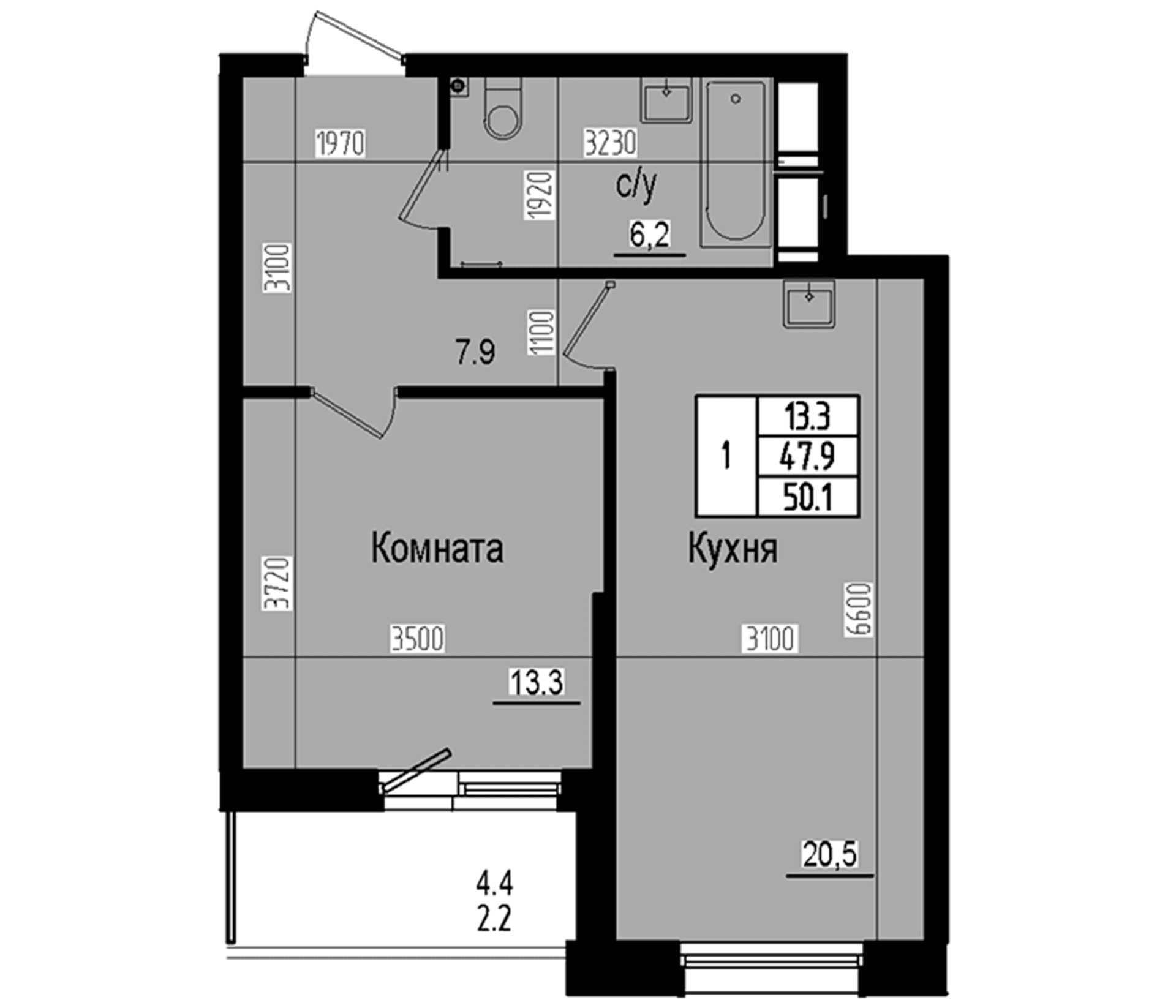 Планировка: Евродвушка 47,9 м² в ЖК «Прагма Сити»